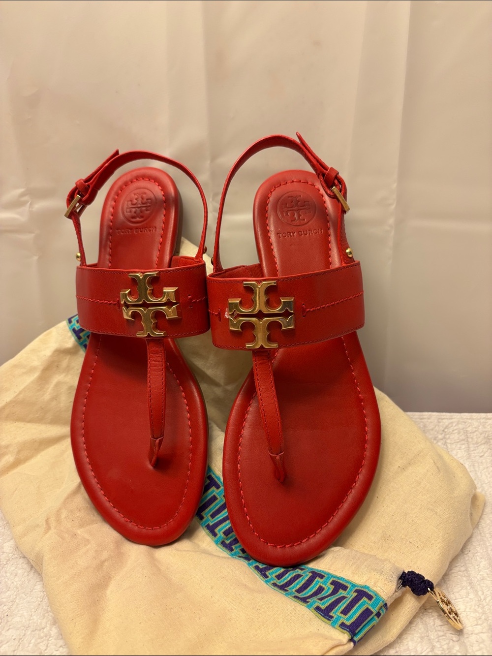 Tory Burch Red Leather Logo Thong Sandals with Gold Emblem